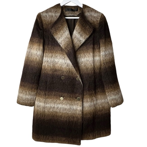 Jenni Kayne Women’s Pea Coat Wool Alpaca Mohair Jacket Button Brown Stripe SZ M - Picture 1 of 12